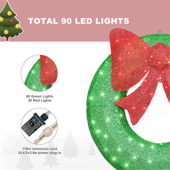 DKLGG 35in Lighted Outdoor Christmas Wreath Decoration,90 LED Lights & Large Red Bow, Front Door Lighted Ornaments