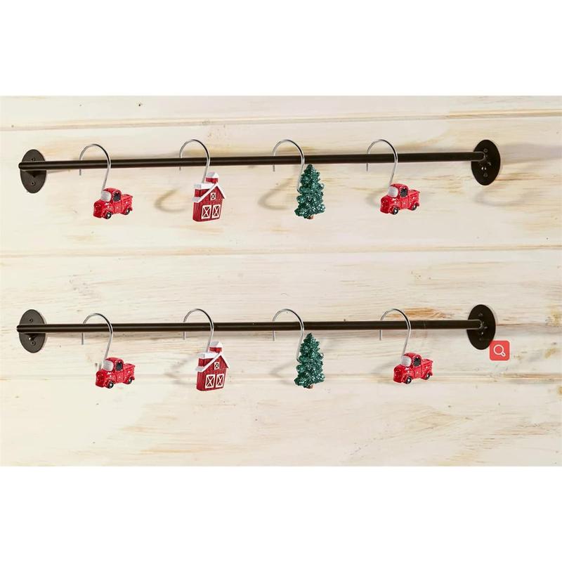 Farmhouse Vintage Christmas Shower Curtain Hooks Rings, Christmas Tree Red Truck Rustic Cabin Decorative Xmas Winter Holiday Shower Curtain Hooks Bathroom Decoration Accessories Rustproof