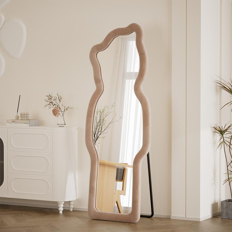 Easly 63 in. H x  24 in. W Irregular Full Length Mirror With Bear Shaped Flannel Frame Wall Mirror Floor Mirror