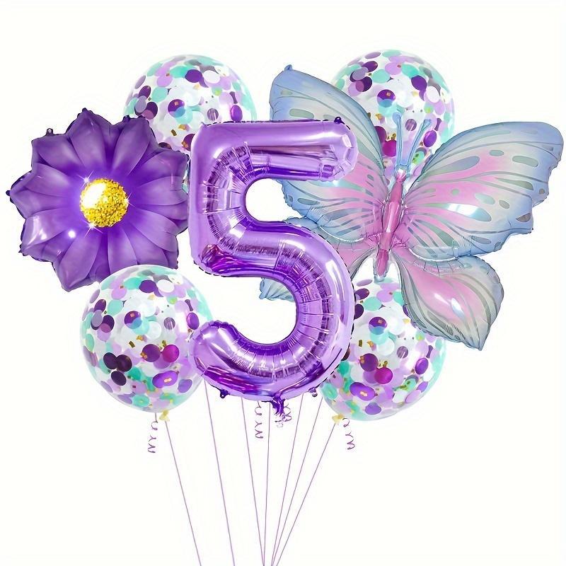 Butterfly Flower Theme Balloon Set, Including Butterfly Balloon*1, Flower Balloon*1, Number Balloon*1, Confetti Balloon*4, Ribbon*1, Balloon Straw*1, Birthday Party Decoration, Party Supplies