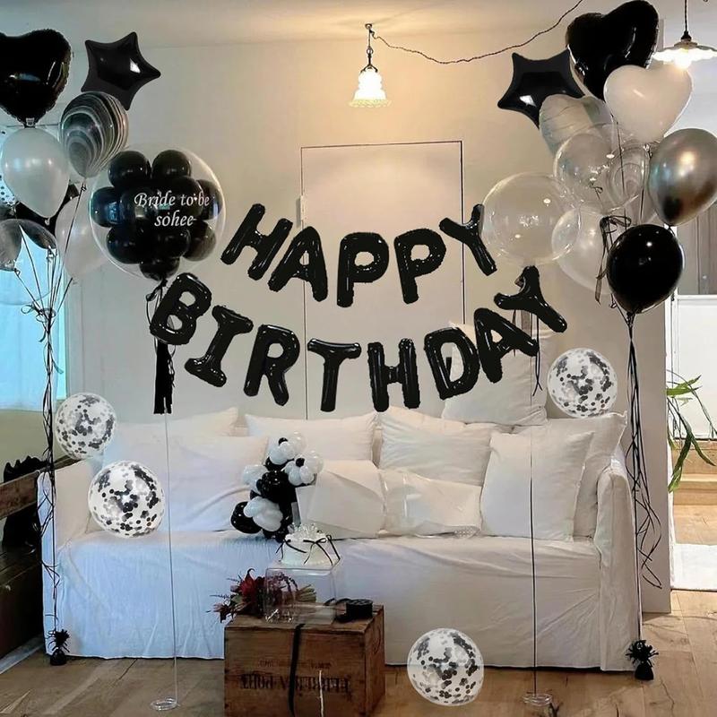 27 count Black Birthday Decorations, 3D Foil Black Happy Birthday Balloon Banner, Pentagram Heart Foil Balloons Confetti Balloons Kit For Boys Girls Birthday Party Supplies