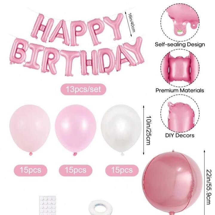 59pcs Pink Birthday Party Decoration Set Including Happy Birthday Banner, Latex Balloons, 4D Round Foil Balloons With Glue Dots, And White Ribbon