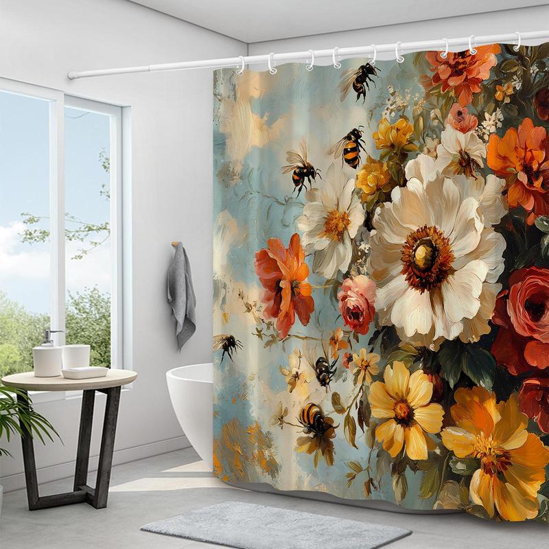 Floral Pattern Shower Curtain, 1 Count Colorful Waterproof Botanical Print Shower Curtain with 12 Hooks, Bathroom Decor Supplies for Home Hotel