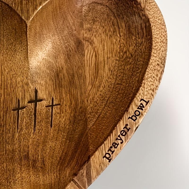 1pc Vintage Wooden Heart-Shaped Prayer Bowl with Engraved Cross & 