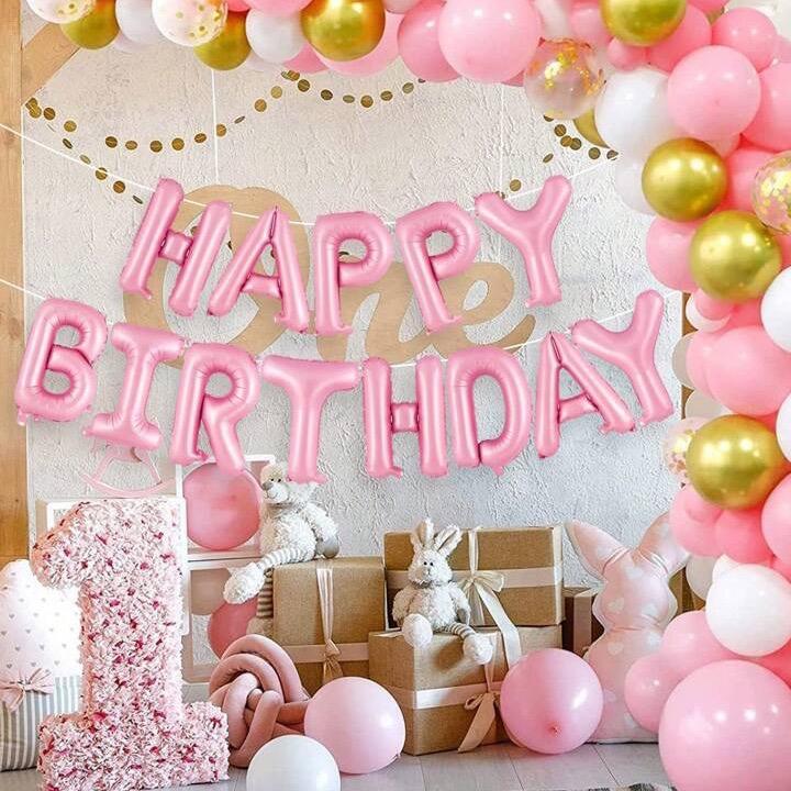 59pcs Pink Birthday Party Decoration Set Including Happy Birthday Banner, Latex Balloons, 4D Round Foil Balloons With Glue Dots, And White Ribbon