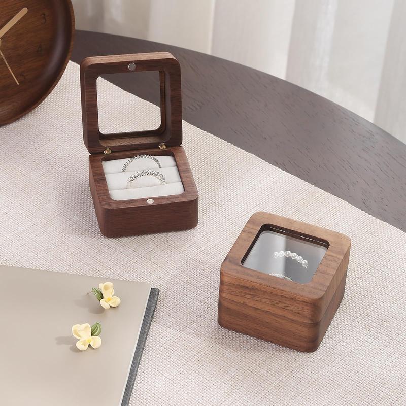 Wooden Ring Box with Double Slot, 1 Count Mini Engagement Ring Holder Box with Clear Lid, Jewelry Storage Box for Wedding Ceremony Proposal