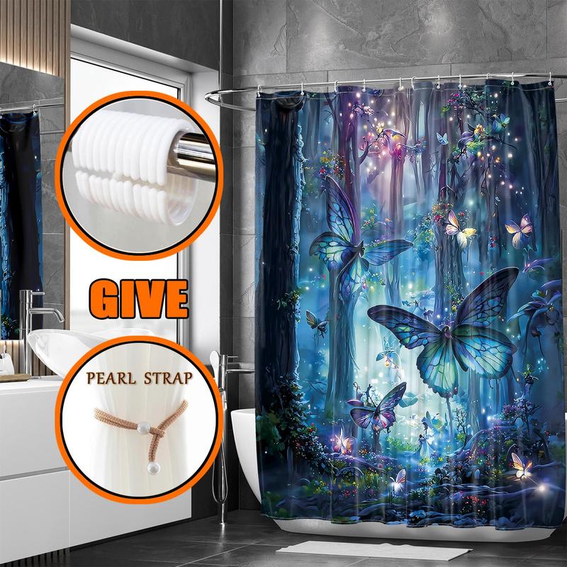 Butterfly & Forest Pattern Bath Curtain, 1 Count Waterproof Shower Curtain with 12pcs Hooks & 1 Count Random Color Strap, Bathroom Decor Supplies for Home Hotel