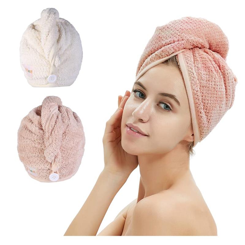 2 count Microfiber Hair Towel Wrap,Hair Drying Towel with Button, Towel Turban,Head Towel to Dry Hair Quickly (Pink&Beige)