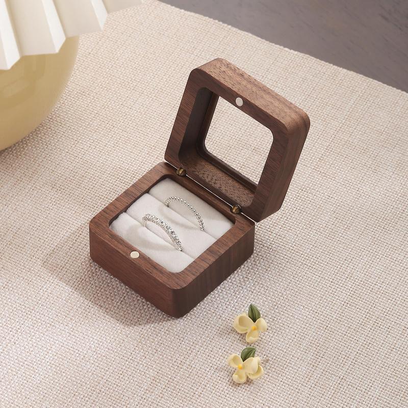 Wooden Ring Box with Double Slot, 1 Count Mini Engagement Ring Holder Box with Clear Lid, Jewelry Storage Box for Wedding Ceremony Proposal