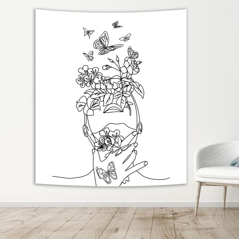 Art Line Aesthetic Black Tapestry, Simple Women with Flower Butterfly Wall Hanging, Modern Minimalist Abstract Creative Sketch Wall Decor for Dorm Bedroom Living Room  59.1 x 80 - Black