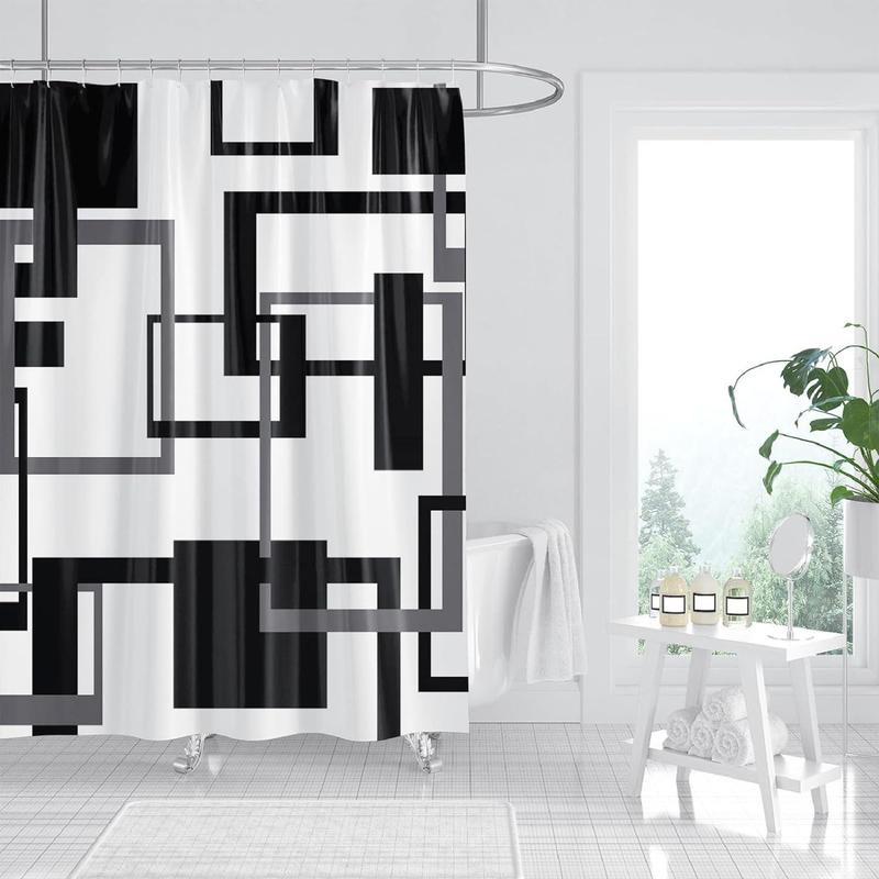 Geometric & Gingham Pattern Shower Curtain, Modern Abstract Waterproof Shower Curtain with 12pcs Hooks, Decorative Bathroom Accessories for Home  Hotel Salon Dormitory