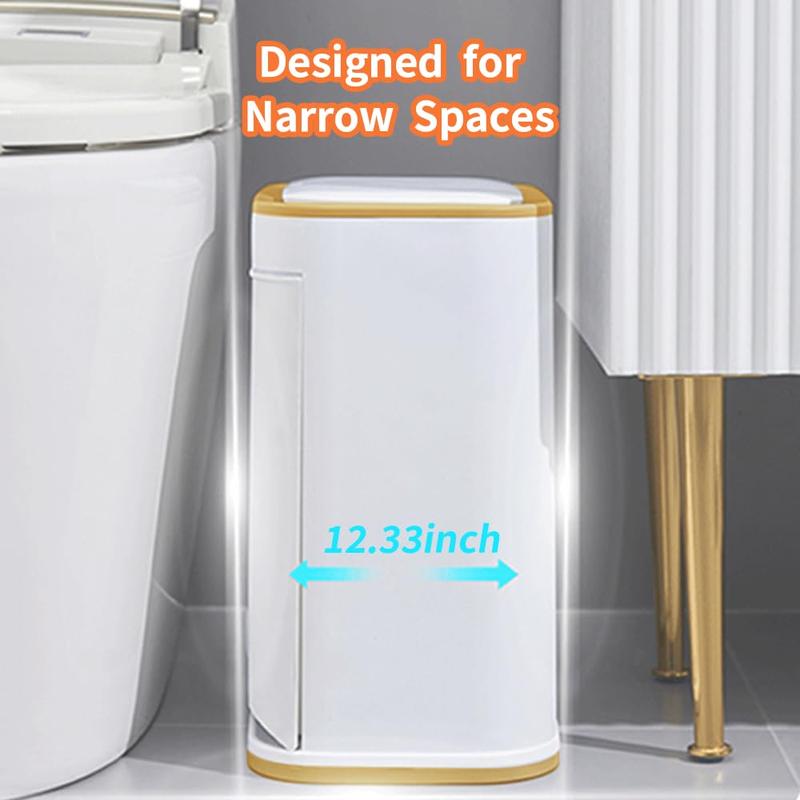 Bathroom Trash Can with Lid, Plastic 3 Gallon Garbage can with Press top Lid, Gold Step Pedal Trash can, Narrow White Trash bin for Kitchen, Bathroom, Bedroom, Living Room, Office, Dog Proof Trash Can automatic garbagecan