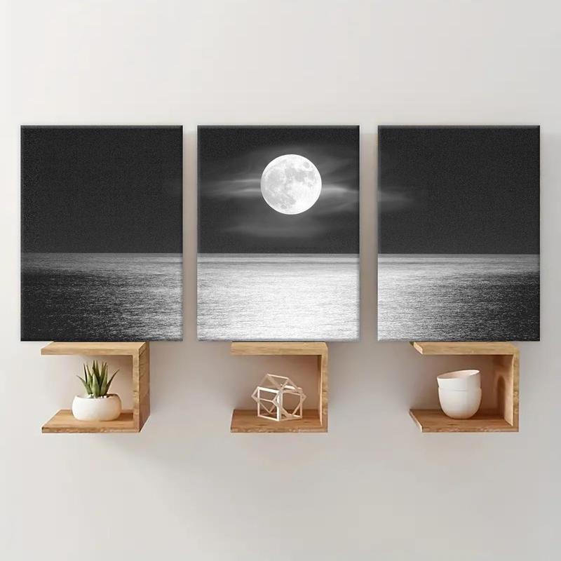 Wooden Framed Canvas Painting, 3 Counts set Natural Moonlight Scenery Canvas Poster,  Modern Wall Art for  Home Office Dormitory Coffee Shop