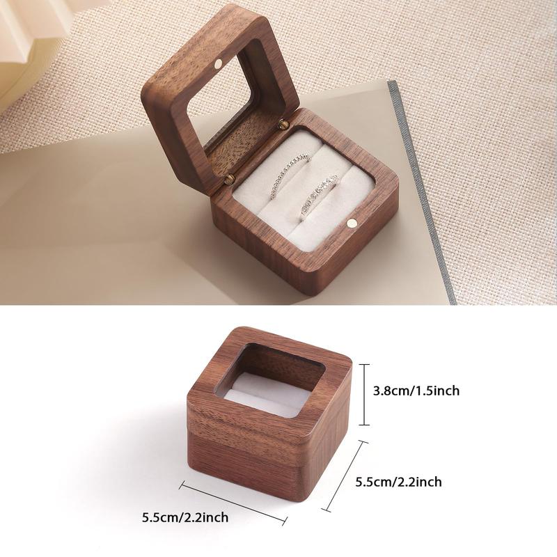 Wooden Ring Box with Double Slot, 1 Count Mini Engagement Ring Holder Box with Clear Lid, Jewelry Storage Box for Wedding Ceremony Proposal