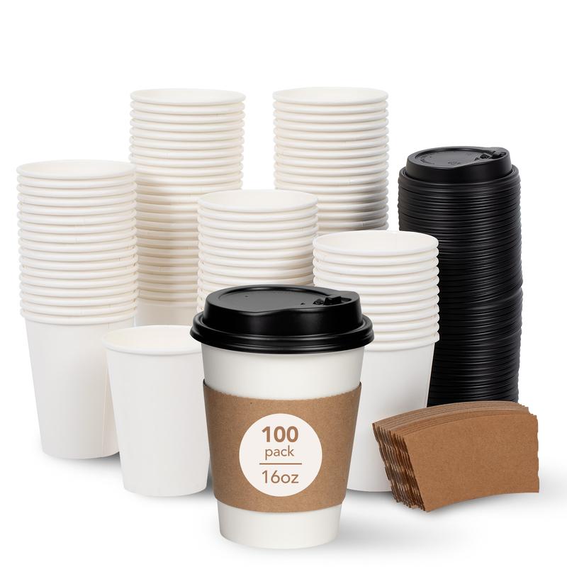 HOW'S MY HOUSE 100 Pack 16 oz Disposable Coffee Cups with Lids, Sleeves and Stirrers, Premium To Go Coffee Cups with Lids, Durable Thickened Hot White Paper Cup for Cold Hot Beverage Chocolate Cocoa