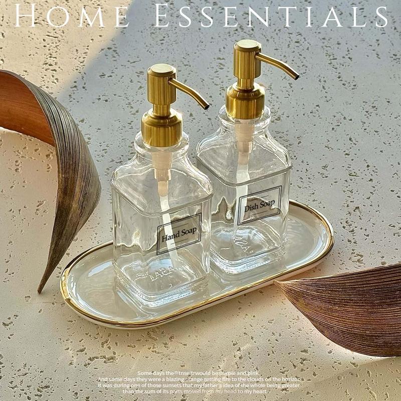 Antique Square Glass Soap Dispenser with Golden Rust Proof Pump, Refillable Soap Dispenser with 10Pcs Stickers for Kitchen, Dish Soap Dispenser for Kitchen Bathroom Soap, Hand soap, Lotion.