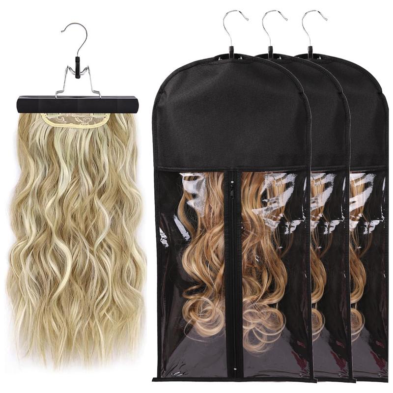 Wig Storage Bag, 3 Counts set Dustproof Wig Holder with Hook, Hair Extension Storage Bag, Home Organizer for Wig & Hair Accessories