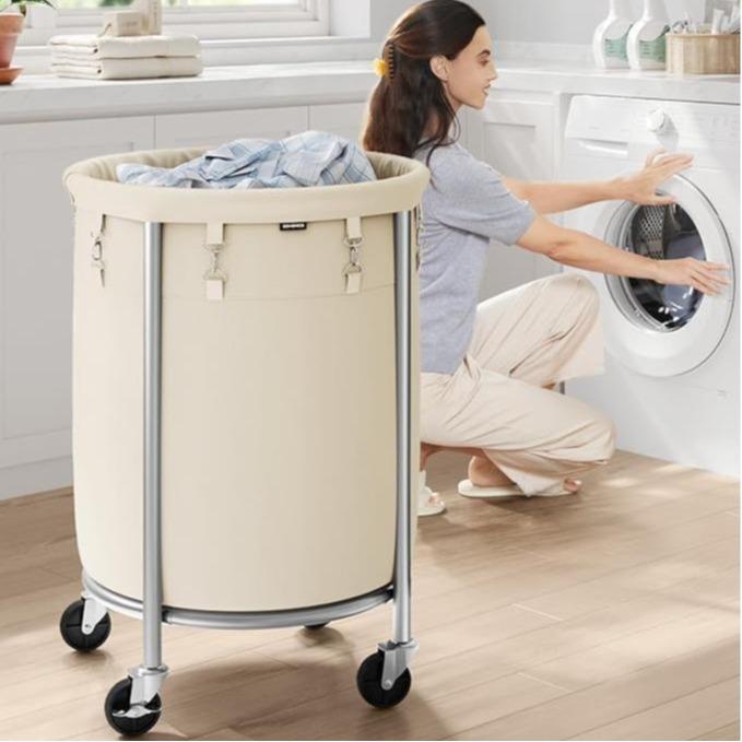 SONGMICS HOME Laundry Basket with Wheels, Rolling Laundry Hamper, Round Laundry Cart with Steel Frame and Removable Bag, 4 Casters and 2 Brakes Organiser