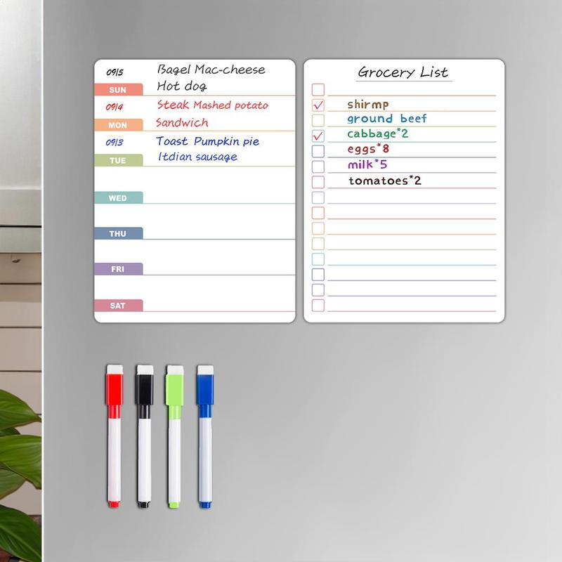 Refrigerator Magnetic Menu Calendar Set, 1 Set Including Grocery List & Weekly Meal Planner Whiteboard & 4 Counts Pen, Kitchen Refrigerator Planner