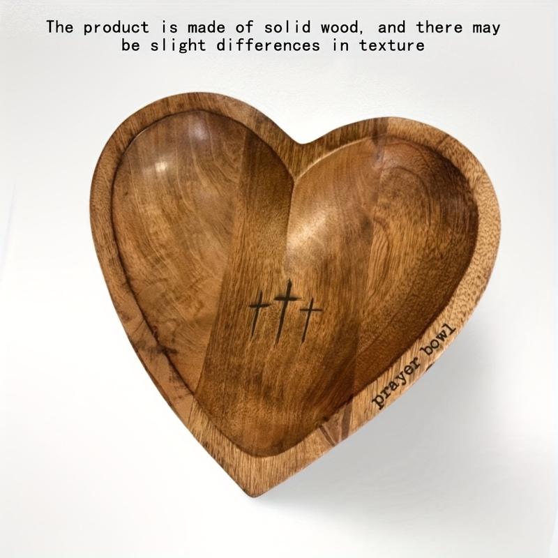 1pc Vintage Wooden Heart-Shaped Prayer Bowl with Engraved Cross & 