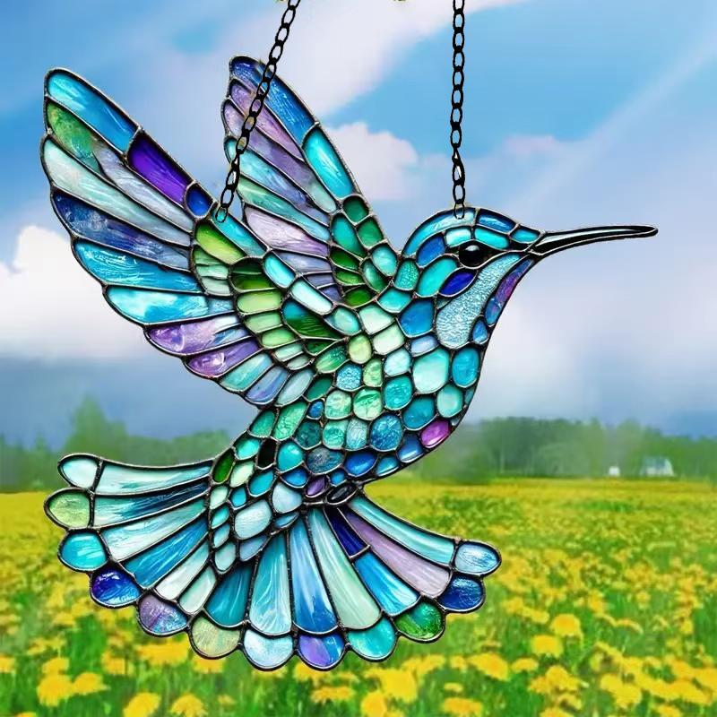 Hummingbird Design Sun Catcher, Colorful Glass Style Acrylic Hanging Ornament, Hanging Decor for Home Living Room Bedroom Window