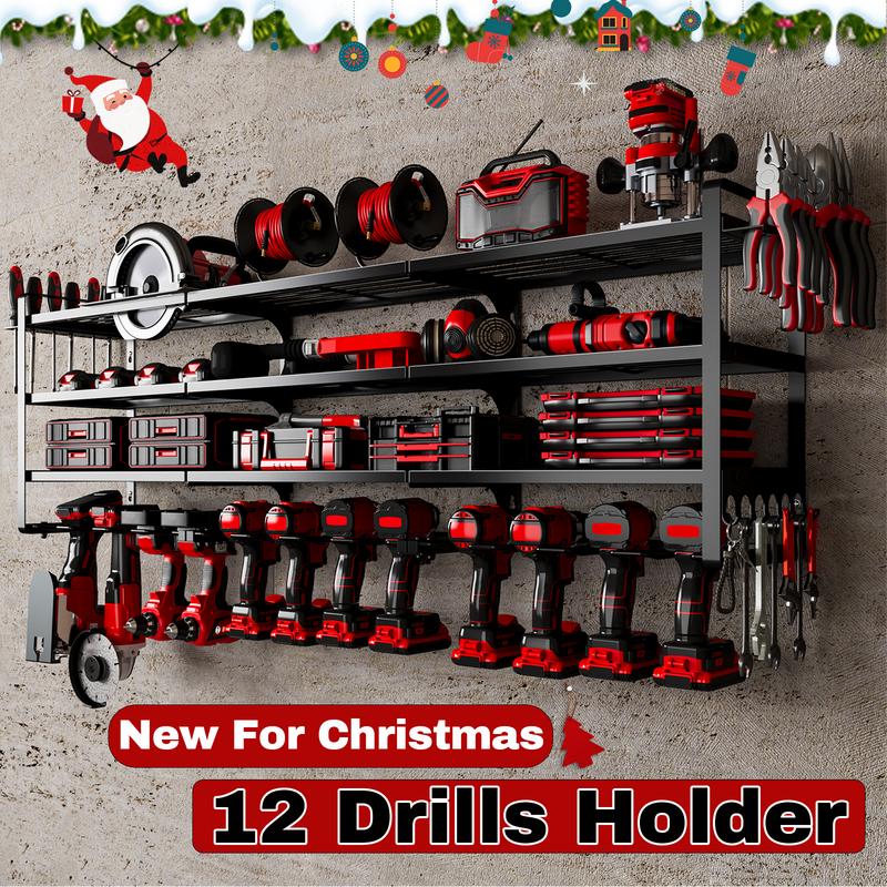 Nattydot Power Tool Organizer Wall,Cordless Drill Hanger Storage Rack 12 Drill Holder,4 Layers Heavy Duty Tool Storage Rack,Shelf Garage Hanging, Steel Installation, Christmas 2024