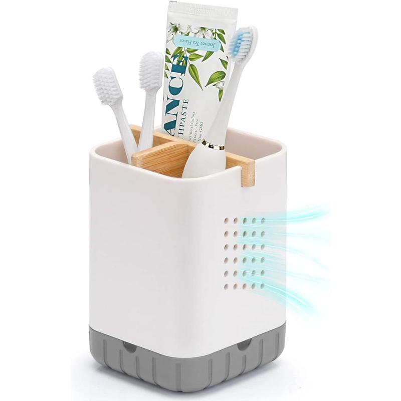 Toothbrush and Toothpaste Holder with Bamboo Divider for Bathroom Countertop Organizer, Plastic Detachable Anti-Slip Large Electric Toothbrush Holders Storage Caddy Drainage for Family,