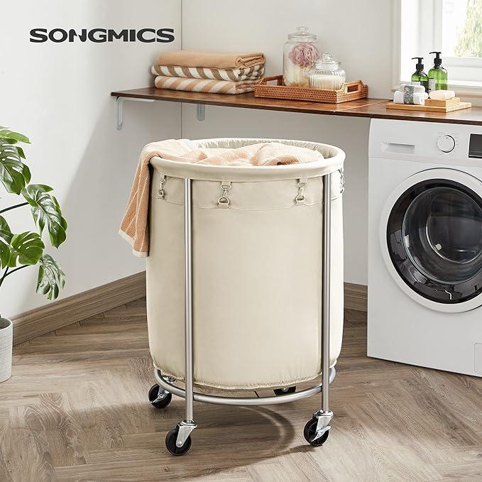 SONGMICS HOME Laundry Basket with Wheels, Rolling Laundry Hamper, Round Laundry Cart with Steel Frame and Removable Bag, 4 Casters and 2 Brakes Organiser