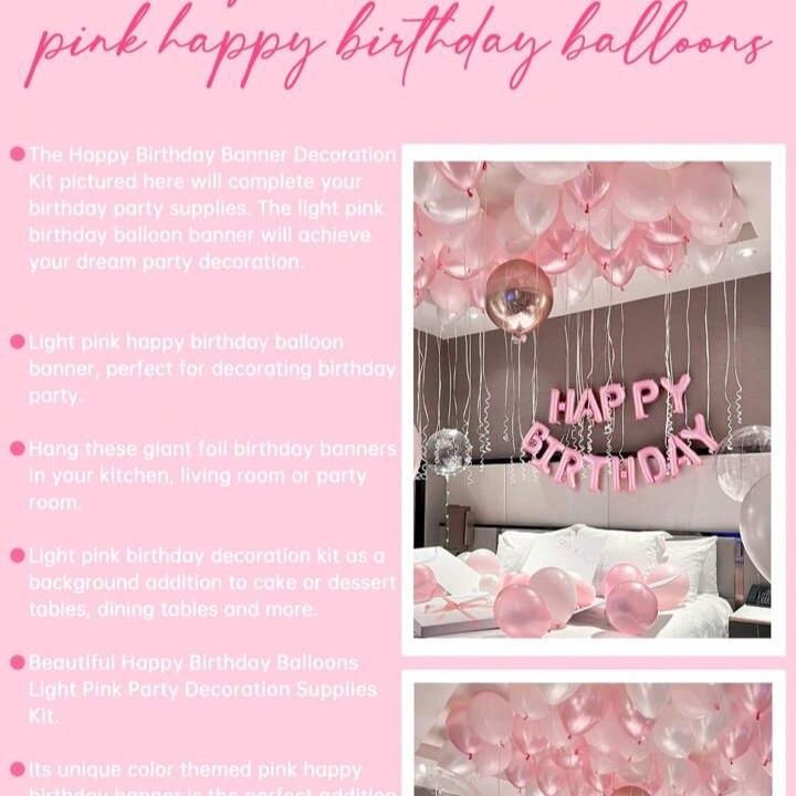 59pcs Pink Birthday Party Decoration Set Including Happy Birthday Banner, Latex Balloons, 4D Round Foil Balloons With Glue Dots, And White Ribbon