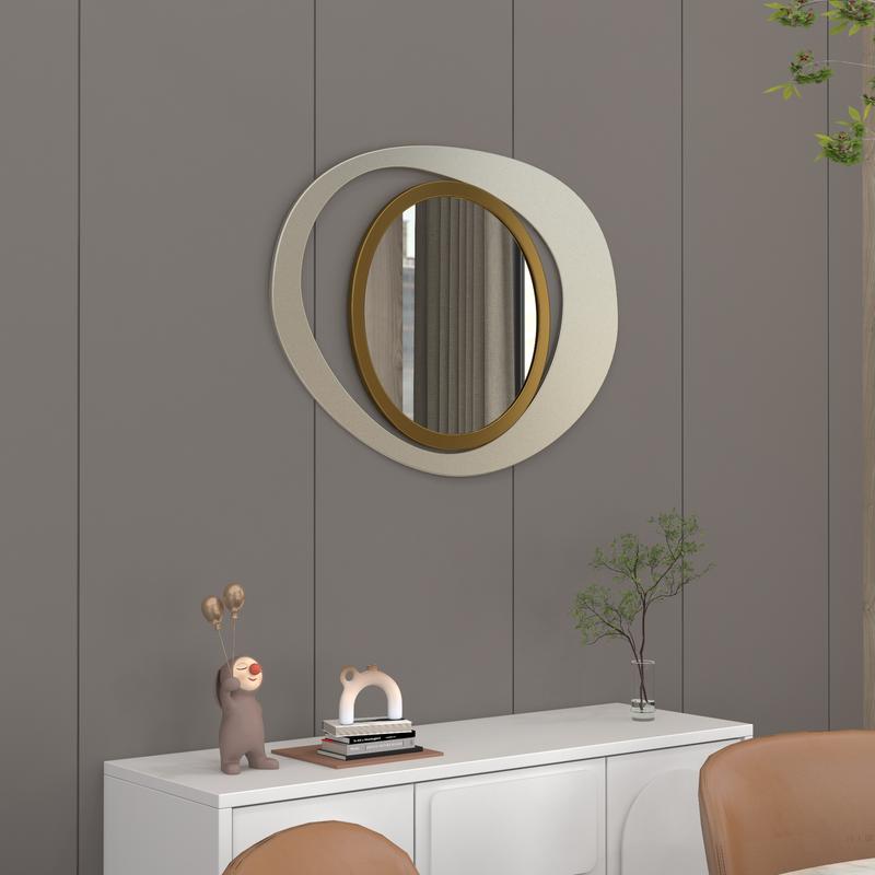 One Piece Elegant 23.6-Inch White & Gold Geometric Decorative Reflective Glass Wall Mirror for Living Room, Entryway, and Bedroom Installation