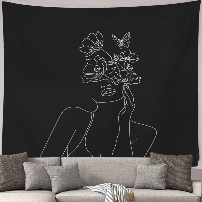 Art Line Aesthetic Black Tapestry, Simple Women with Flower Butterfly Wall Hanging, Modern Minimalist Abstract Creative Sketch Wall Decor for Dorm Bedroom Living Room  59.1 x 80 - Black