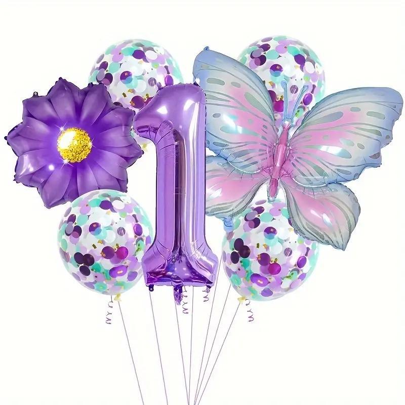 Butterfly Flower Theme Balloon Set, Including Butterfly Balloon*1, Flower Balloon*1, Number Balloon*1, Confetti Balloon*4, Ribbon*1, Balloon Straw*1, Birthday Party Decoration, Party Supplies