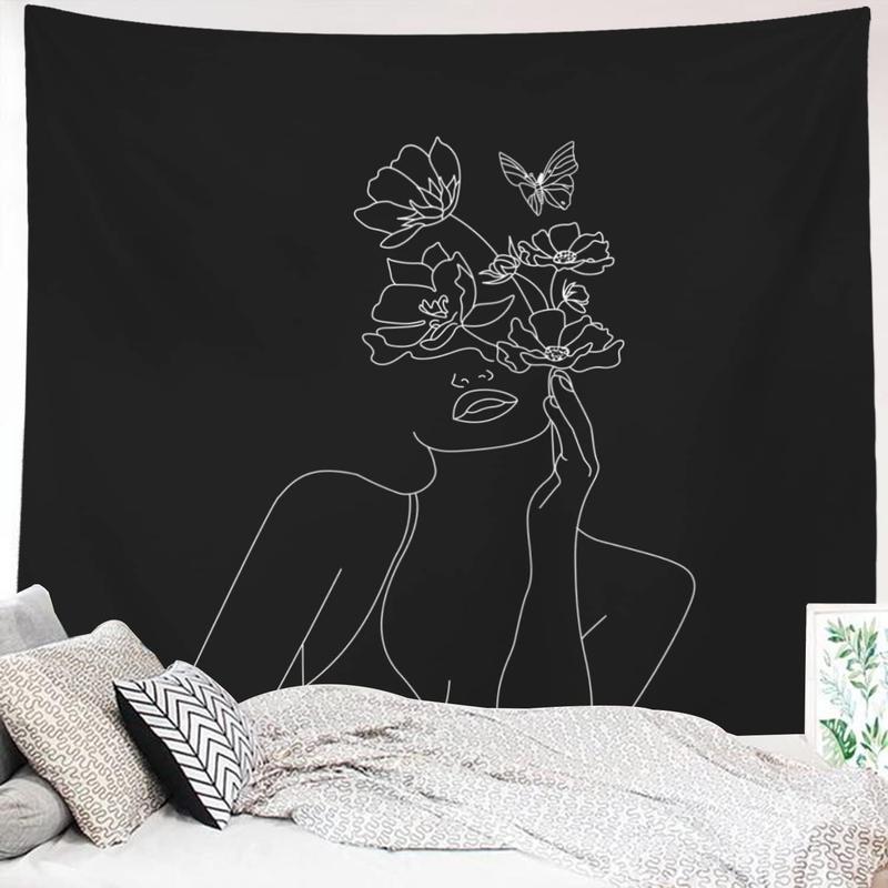 Art Line Aesthetic Black Tapestry, Simple Women with Flower Butterfly Wall Hanging, Modern Minimalist Abstract Creative Sketch Wall Decor for Dorm Bedroom Living Room  59.1 x 80 - Black