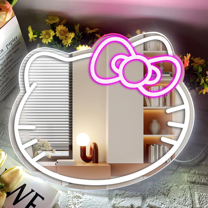 Anime Kitty face Home decor Neon Sign Mirror Vanity Mirror with Lights Bedroom Wall Mirror for Pink Room Decor and a Makeup Mirror with Lights Teen Girl Gifts