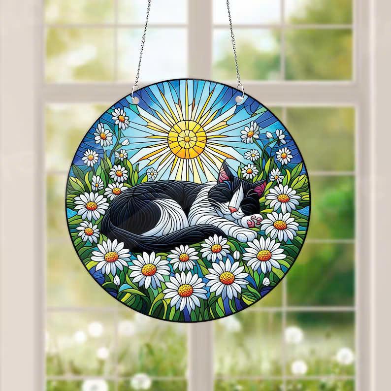 ACRYLIC Tuxedo cat sleep on daisy garden Window Hanging, Cat Decoration, Cat lovers gift, NOT SUNCATCHER, tuxedo cat mom gift