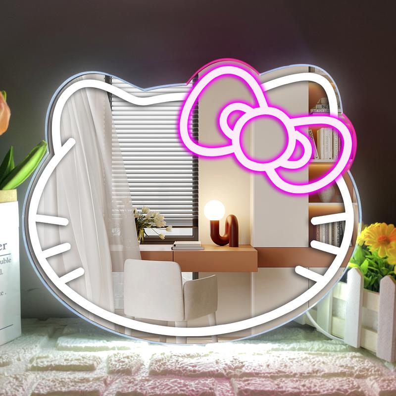 Anime Kitty face Home decor Neon Sign Mirror Vanity Mirror with Lights Bedroom Wall Mirror for Pink Room Decor and a Makeup Mirror with Lights Teen Girl Gifts