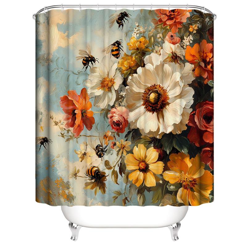 Floral Pattern Shower Curtain, 1 Count Colorful Waterproof Botanical Print Shower Curtain with 12 Hooks, Bathroom Decor Supplies for Home Hotel