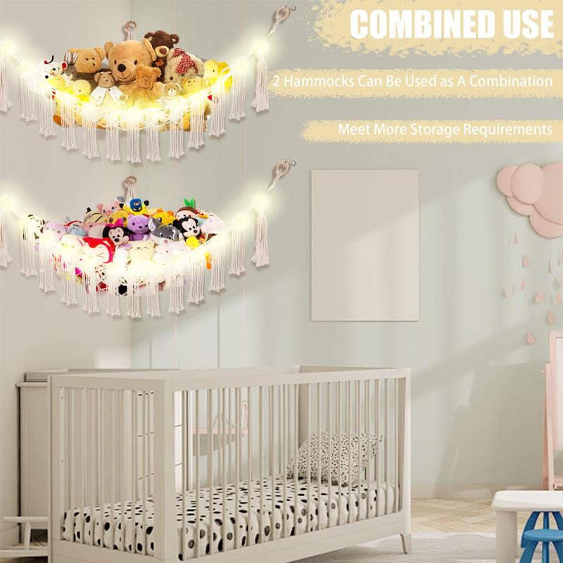 Stuffed Animal Hammock with LED Light, Toy Hammock for Stuffed Animals Storage for Room Decor, Stuffed Animal Hammock Corner