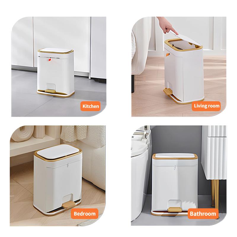 Bathroom Trash Can with Lid, Plastic 3 Gallon Garbage can with Press top Lid, Gold Step Pedal Trash can, Narrow White Trash bin for Kitchen, Bathroom, Bedroom, Living Room, Office, Dog Proof Trash Can automatic garbagecan