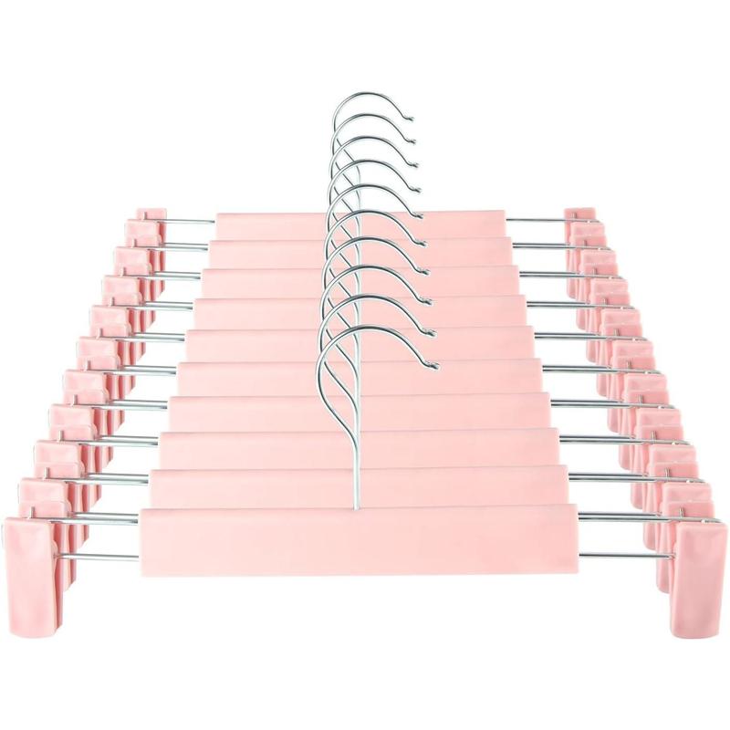 Clothes Pants Hangers, Space-Saving Skirt Holders with 360 ° Swivel Hooks, Adjustable Clips, Trouser Hangers, Clothes Coat Garment Jeans Hangers (10 Pack, Pink) Organiser Plastic Smooth Hanging Smooth Hanging Smooth Hanging