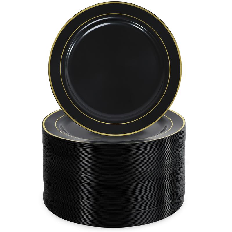 Lot45 Black and Gold Plastic Plates 7.5 Inch - Black Plastic Plates Bulk 100pk