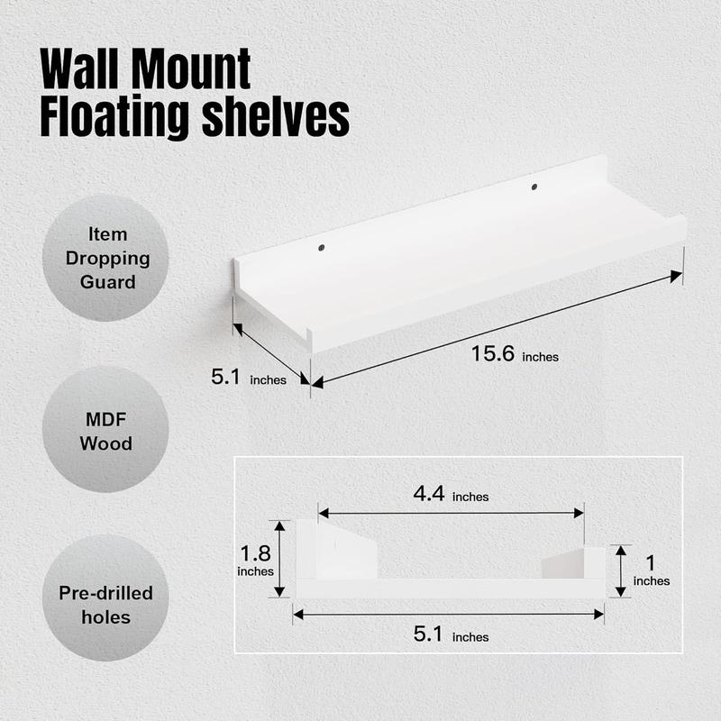 8 Set Floating Wall Mounted Shelves, Nursery Hanging Book Shelves with Lip for Storage, White Display Picture Ledge Shelf for Bedroom Bathroom Kitchen Living Room Wall Decor, Modern White