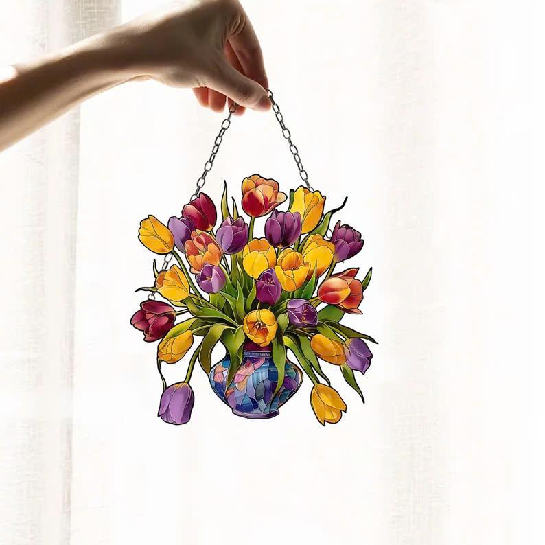 Yellow flowers Window Hanging, Mica Flowers, Tulip Flowers Acrylic Window Hanging Art Decoration, Tulip Ornament, Gift for her, mom