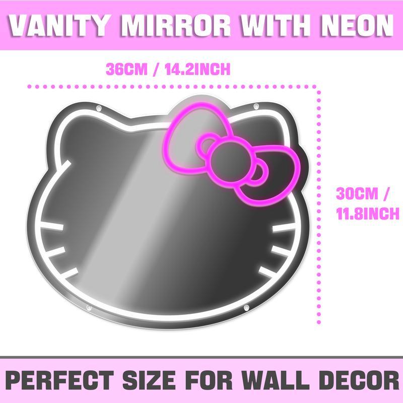 Anime Kitty face Home decor Neon Sign Mirror Vanity Mirror with Lights Bedroom Wall Mirror for Pink Room Decor and a Makeup Mirror with Lights Teen Girl Gifts