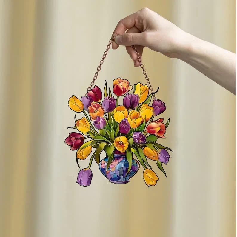 Yellow flowers Window Hanging, Mica Flowers, Tulip Flowers Acrylic Window Hanging Art Decoration, Tulip Ornament, Gift for her, mom