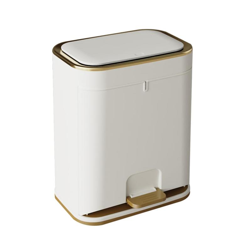 Bathroom Trash Can with Lid, Plastic 3 Gallon Garbage can with Press top Lid, Gold Step Pedal Trash can, Narrow White Trash bin for Kitchen, Bathroom, Bedroom, Living Room, Office, Dog Proof Trash Can automatic garbagecan