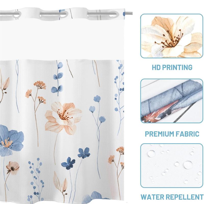 Floral Pattern Shower Curtain, 1 Count Waterproof Bathroom Curtain with Snap in Liner, Bathroom Decor Supplies for Home Hotel Salon Dormitory