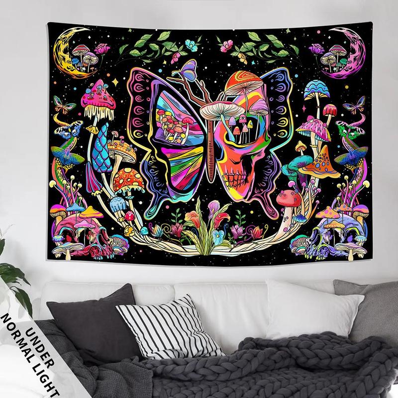 Bohemian Hippie Butterfly & Mushroom Pattern Tapestry, 1 Count Wall Hanging Fluorescent Tapestry, Wall Decor for Home Living Room Bedroom Dormitory