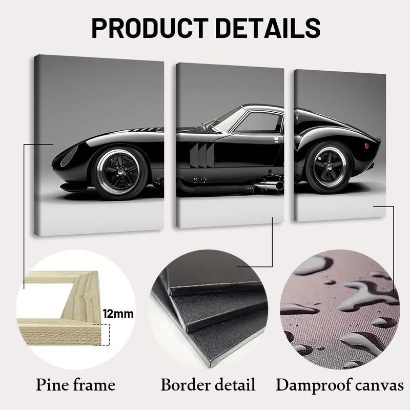 Car Pattern Wooden Framed Canvas Painting, 3 Counts set Modern Art Supercar Poster, Wall Art Decor for Home Living Room Bedroom Office