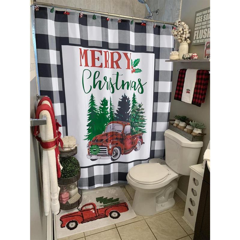 Farmhouse Vintage Christmas Shower Curtain Hooks Rings, Christmas Tree Red Truck Rustic Cabin Decorative Xmas Winter Holiday Shower Curtain Hooks Bathroom Decoration Accessories Rustproof